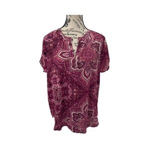 Pleione Short Sleeve Purple Pink Paisley Floral Top NWT Size M